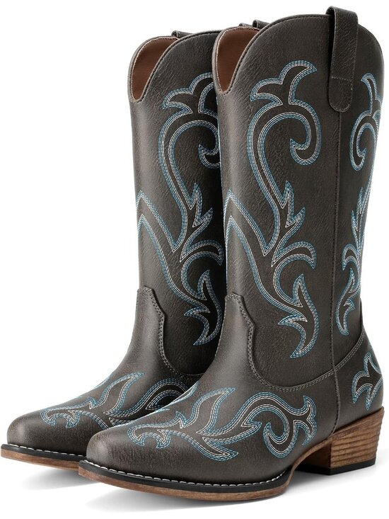 DREAM PAIRS Shoes - DREAM PAIRS Women's Taupe Brown Square Toe Western Cowgirl Mid Calf Boot Shoes